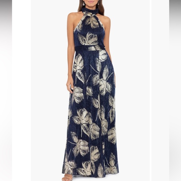 Betsy & Adam Foil Print Sleeveless Gown - Navy/Gold - Size 6 - Picture 2 of 4